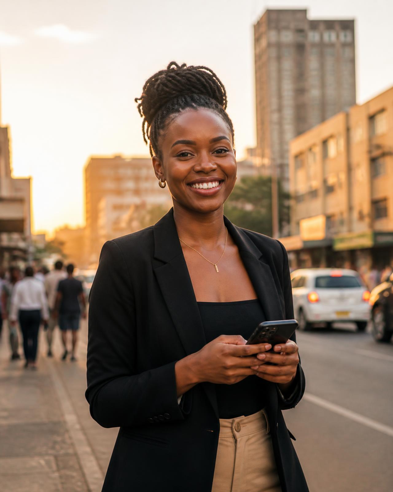 Young African entrepreneur booking a service on BASA AI in the city